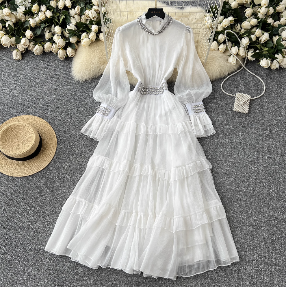 Stand Collar Rhinestone Beaded Dress