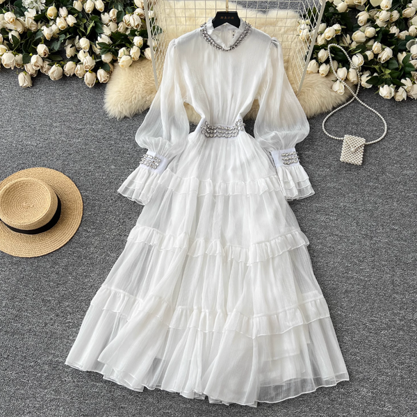 Stand Collar Rhinestone Beaded Dress