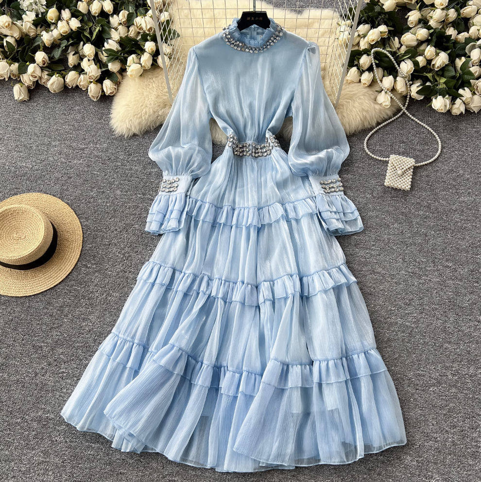 Stand Collar Rhinestone Beaded Dress