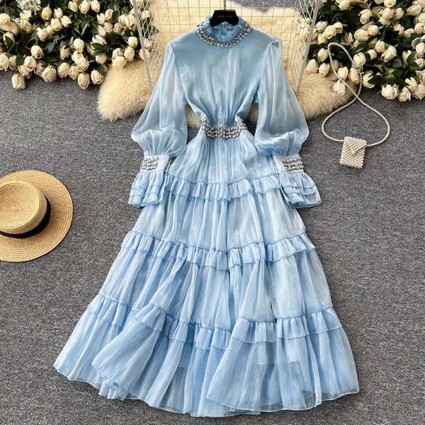 Stand Collar Rhinestone Beaded Dress