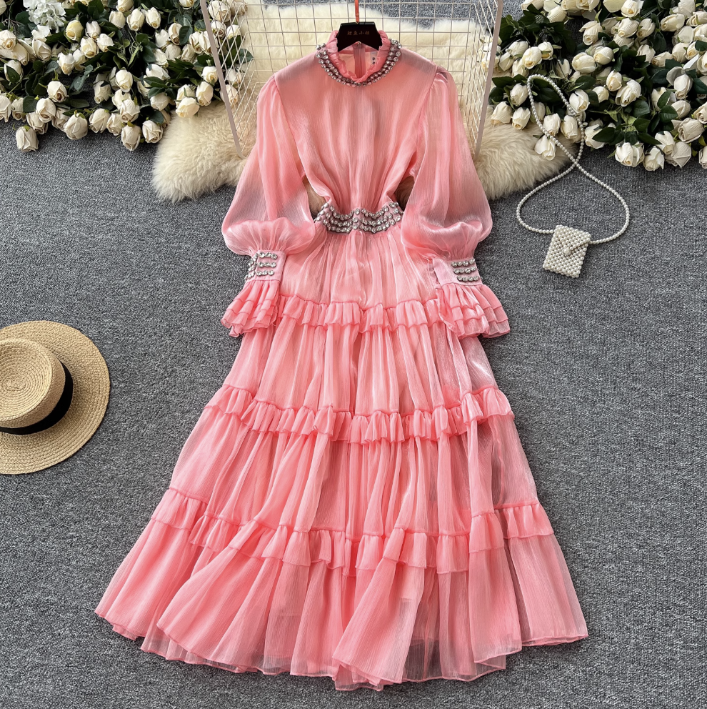 Stand Collar Rhinestone Beaded Dress