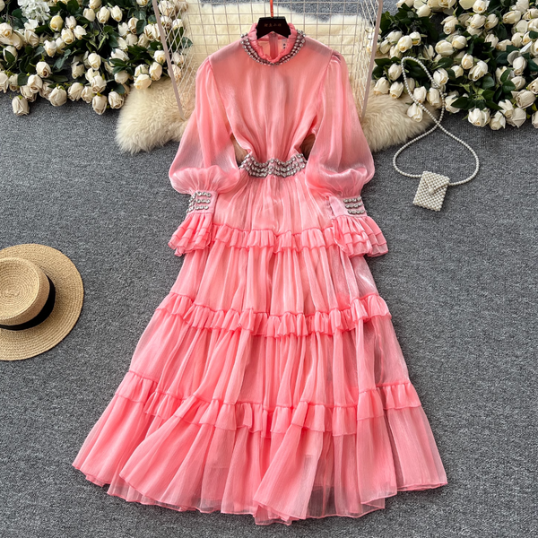 Stand Collar Rhinestone Beaded Dress
