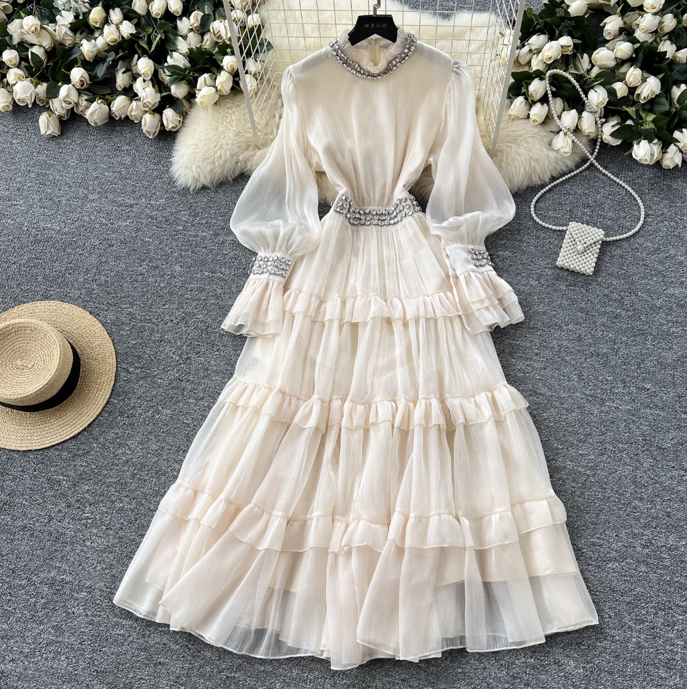 Stand Collar Rhinestone Beaded Dress