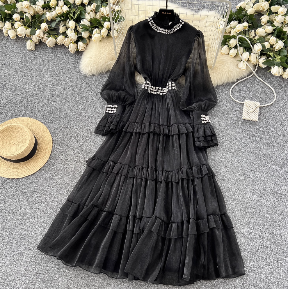 Stand Collar Rhinestone Beaded Dress