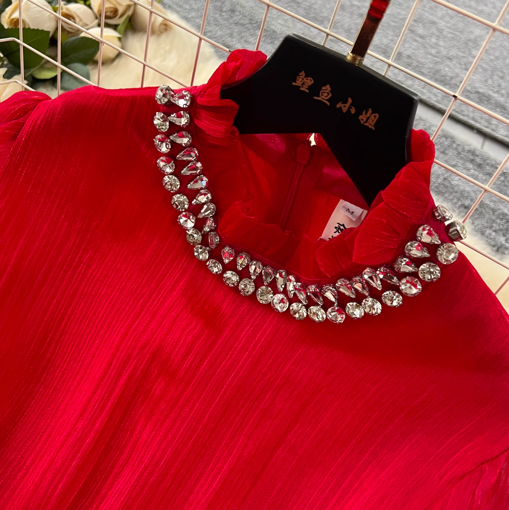 Stand Collar Rhinestone Beaded Dress