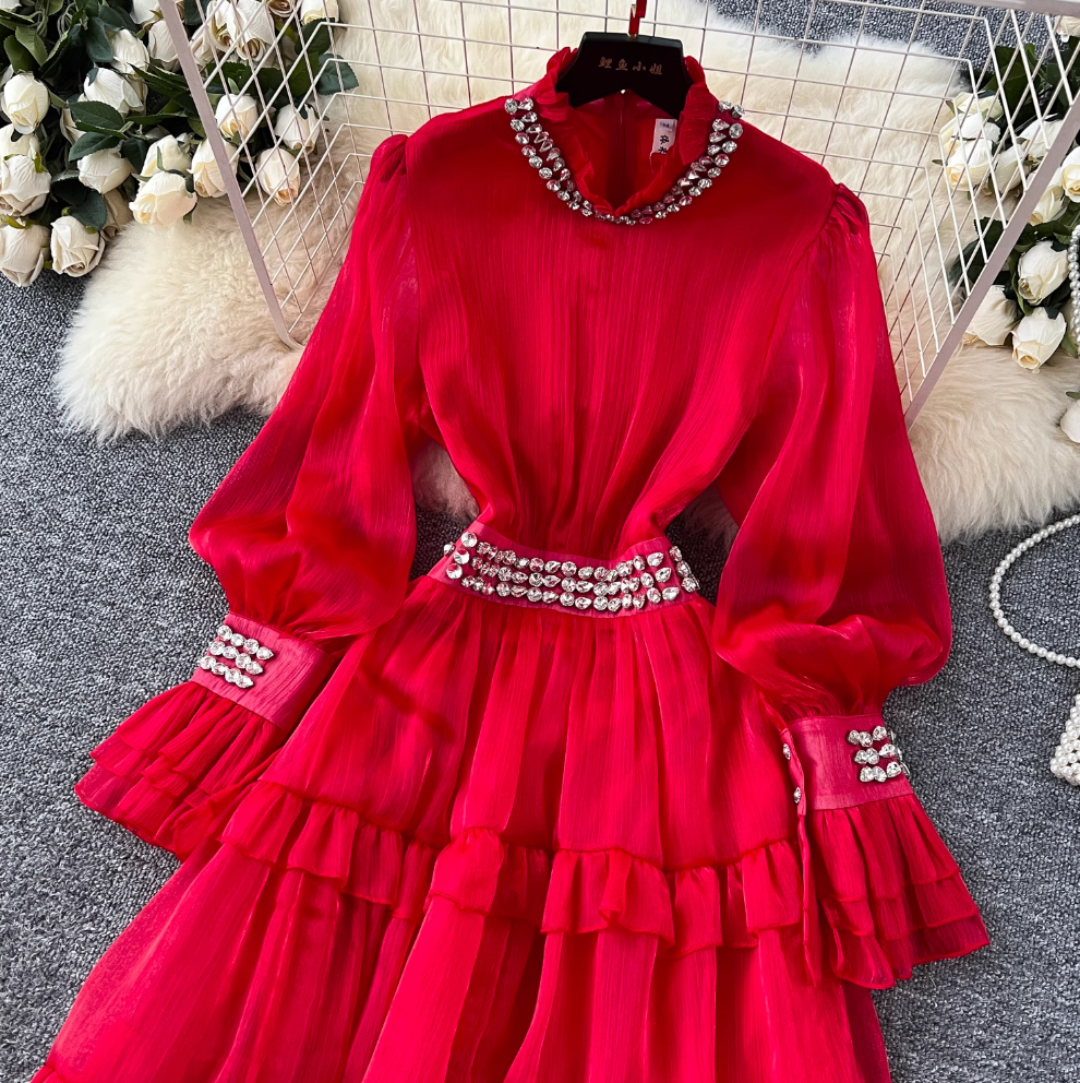 Stand Collar Rhinestone Beaded Dress