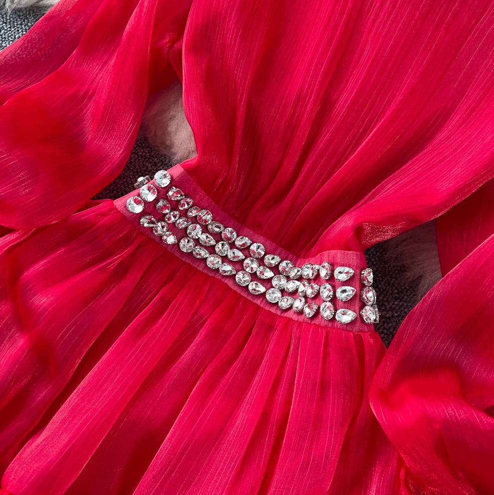 Stand Collar Rhinestone Beaded Dress