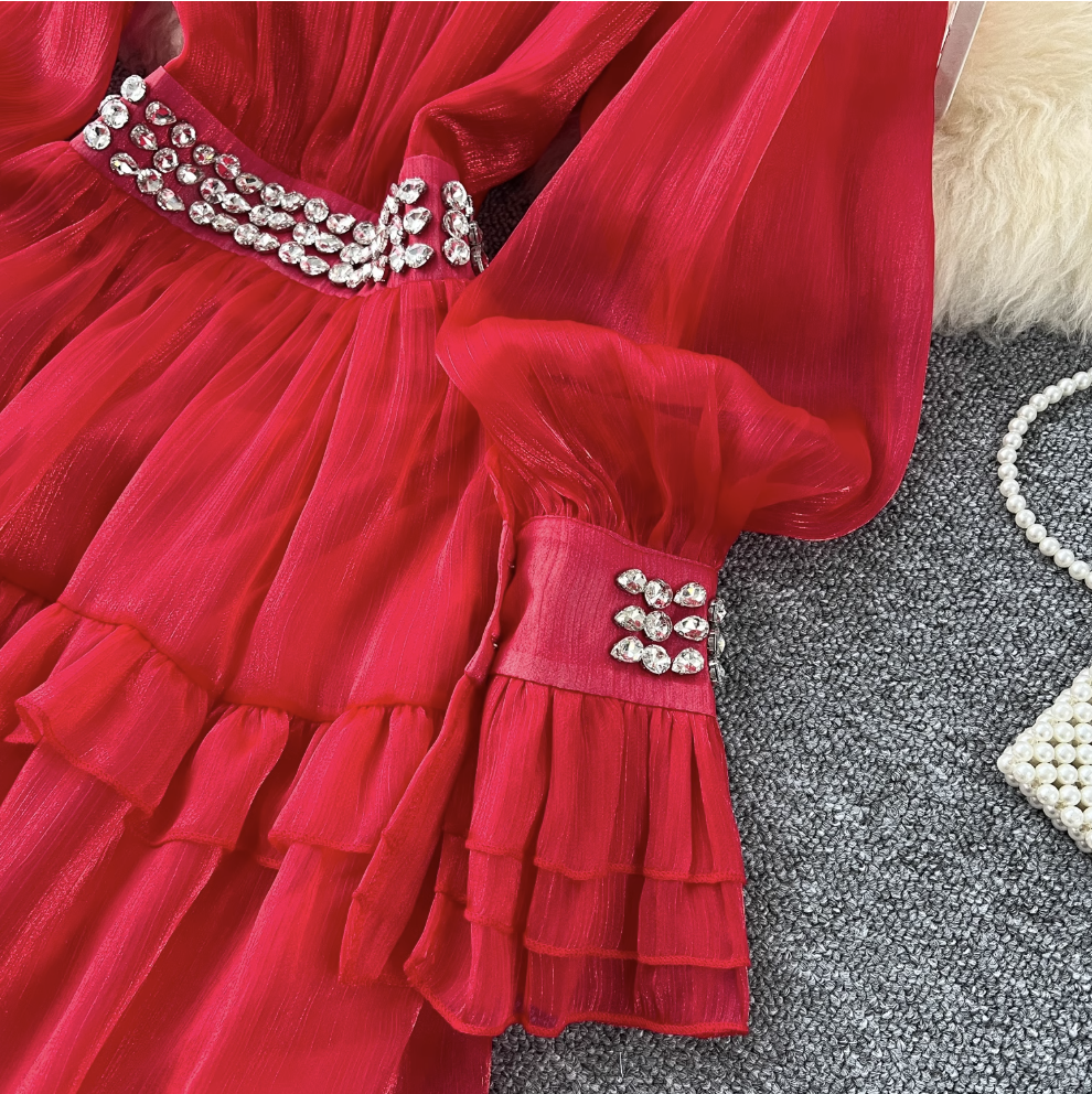 Stand Collar Rhinestone Beaded Dress