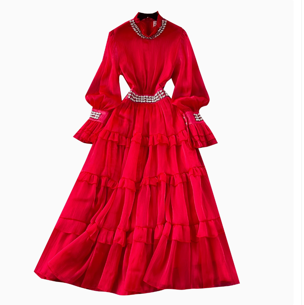 Stand Collar Rhinestone Beaded Dress