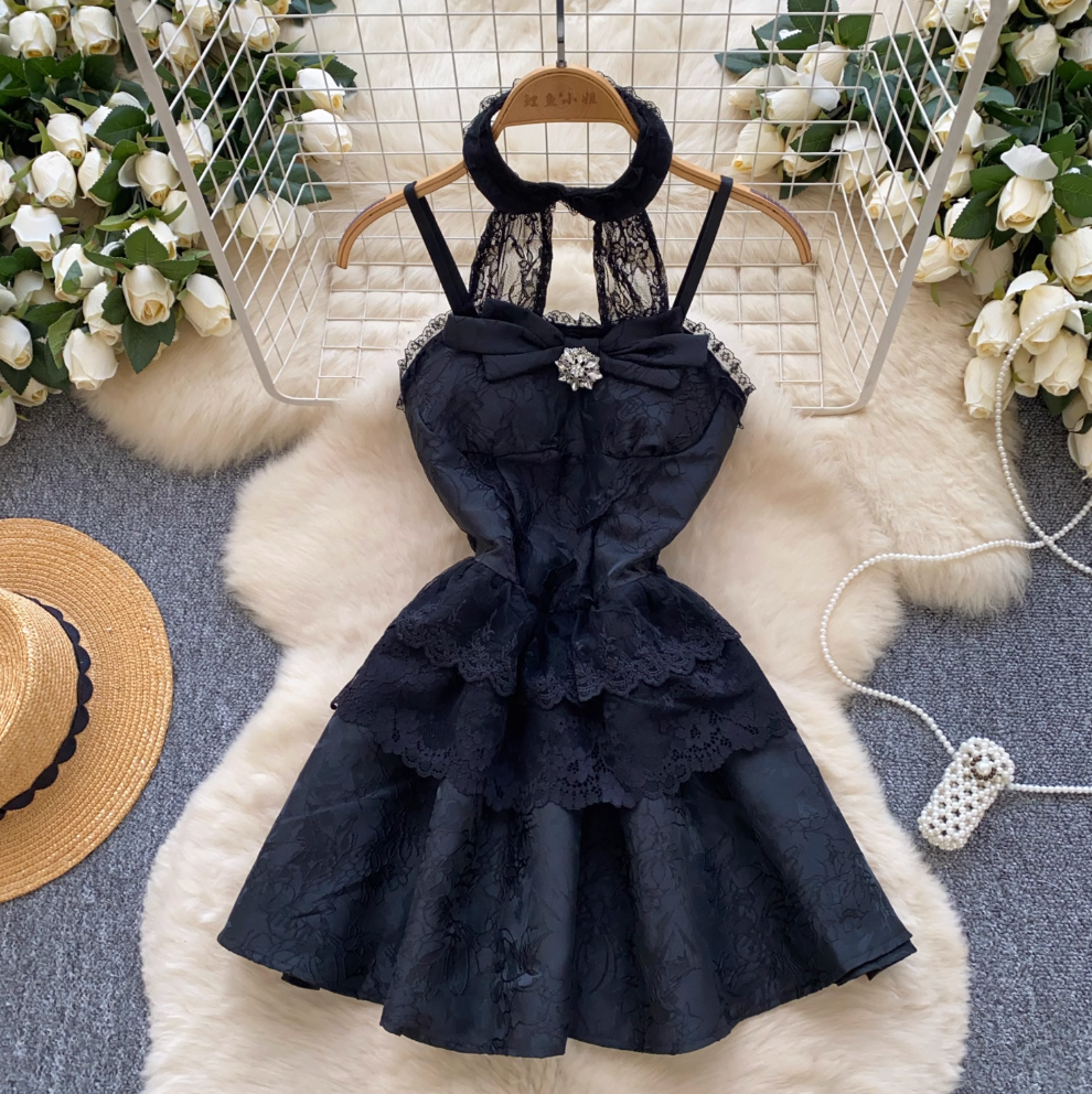 Sweetie Jacquard Puffy Halter Dress