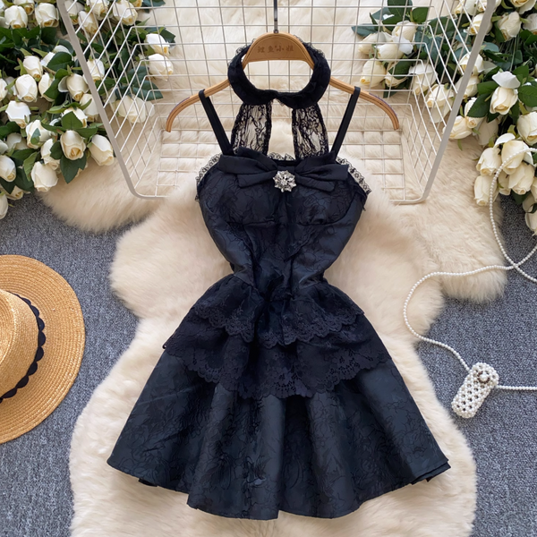 Sweetie Jacquard Puffy Halter Dress