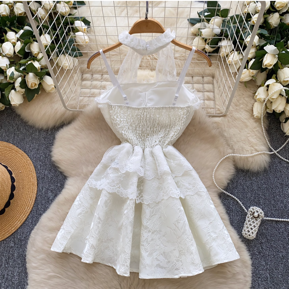 Sweetie Jacquard Puffy Halter Dress