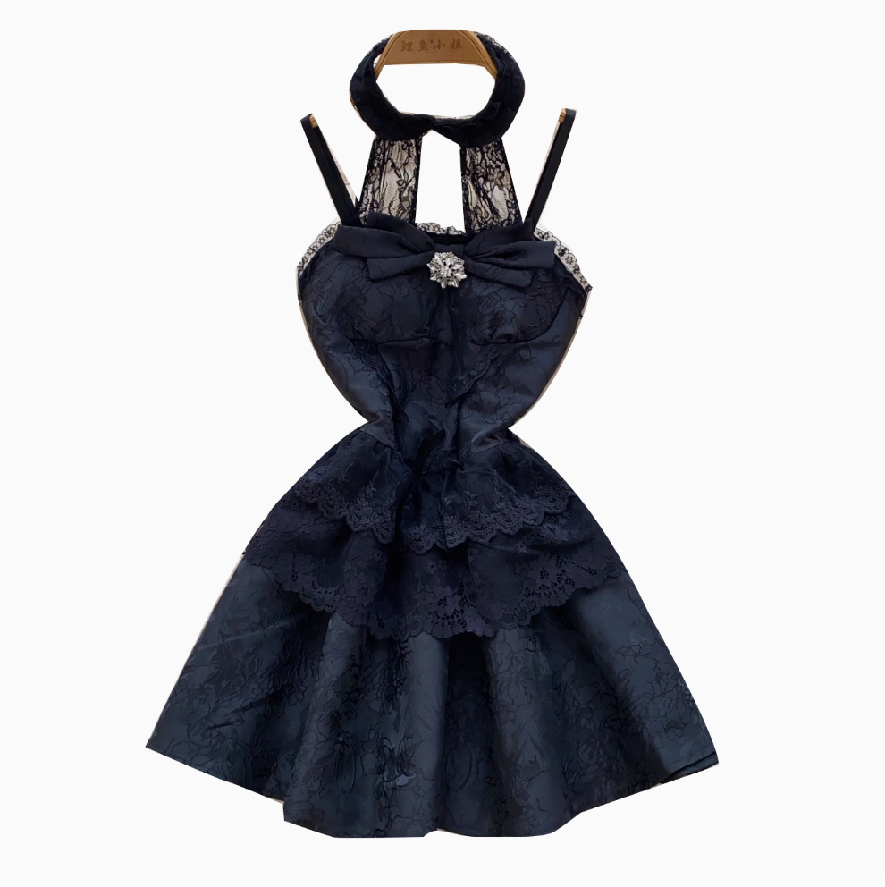 Sweetie Jacquard Puffy Halter Dress
