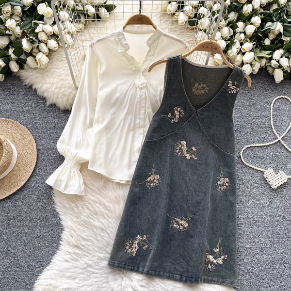 Denim Vest Dress & Bottoming Shirt 2Pcs