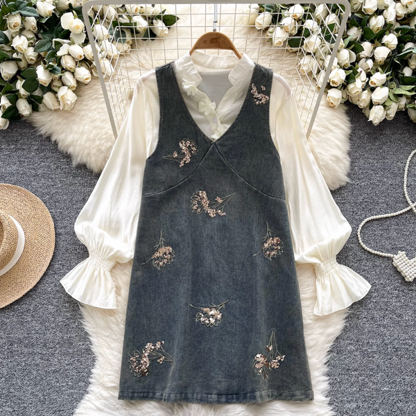 Denim Vest Dress & Bottoming Shirt 2Pcs