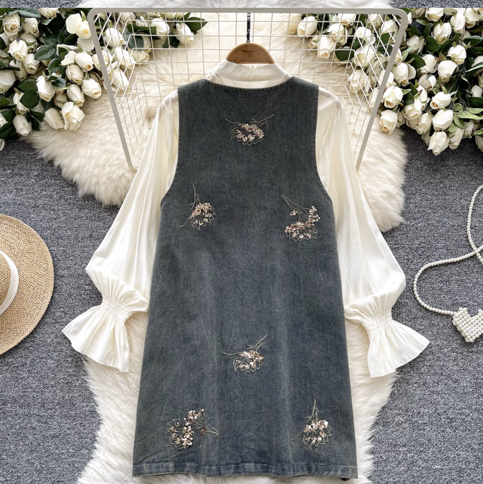 Denim Vest Dress & Bottoming Shirt 2Pcs