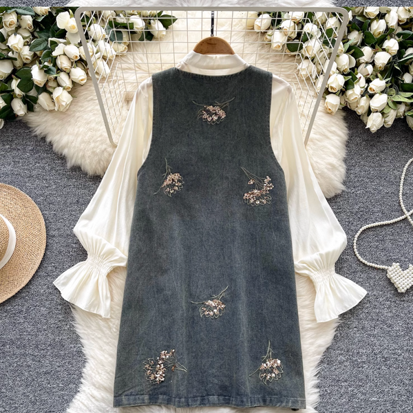 Denim Vest Dress & Bottoming Shirt 2Pcs