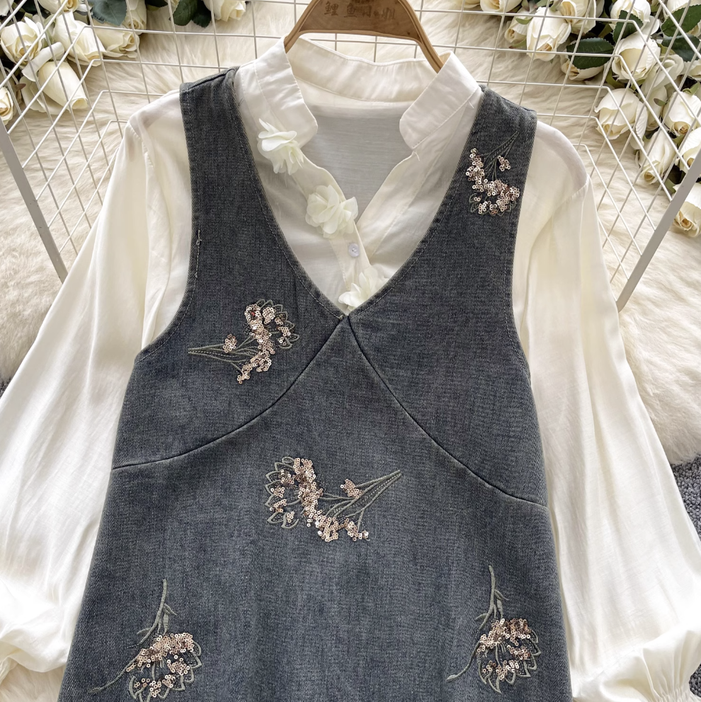 Denim Vest Dress & Bottoming Shirt 2Pcs