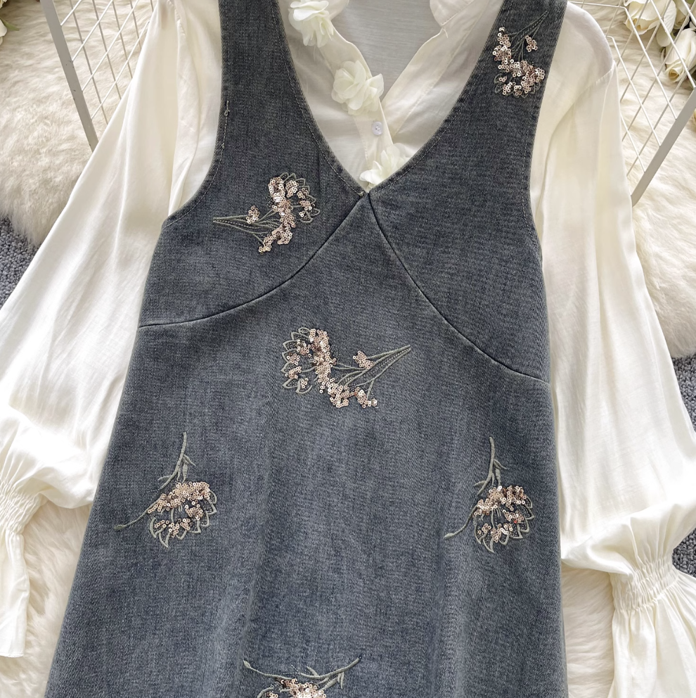 Denim Vest Dress & Bottoming Shirt 2Pcs