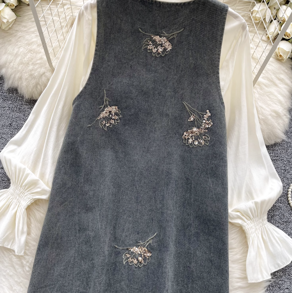 Denim Vest Dress & Bottoming Shirt 2Pcs