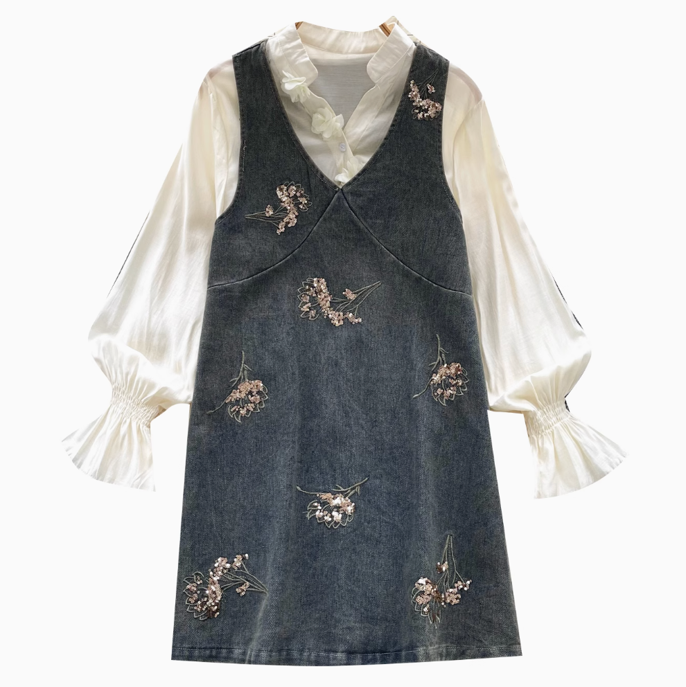 Denim Vest Dress & Bottoming Shirt 2Pcs