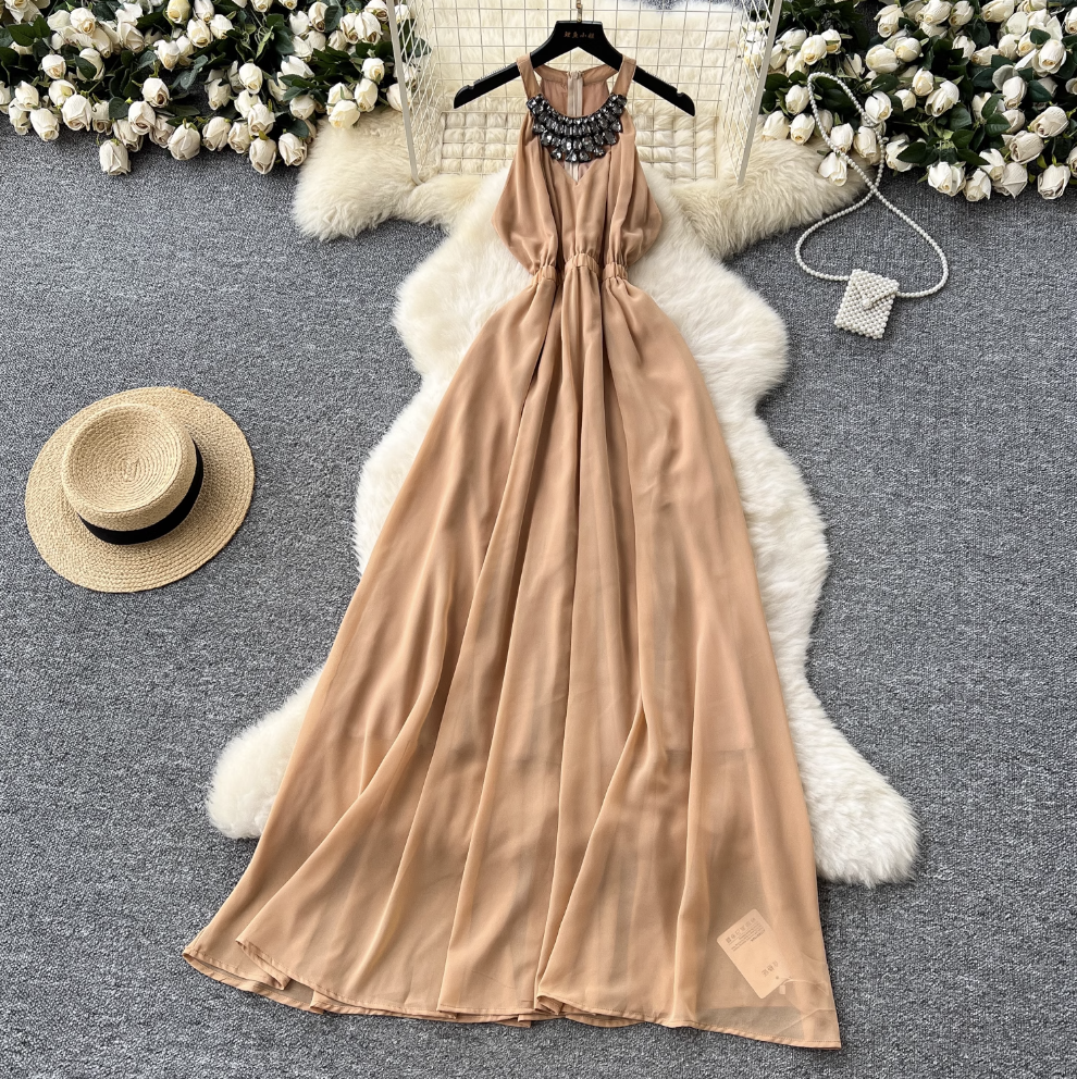 Sleeveless Rhinestone Studded Halter Dress