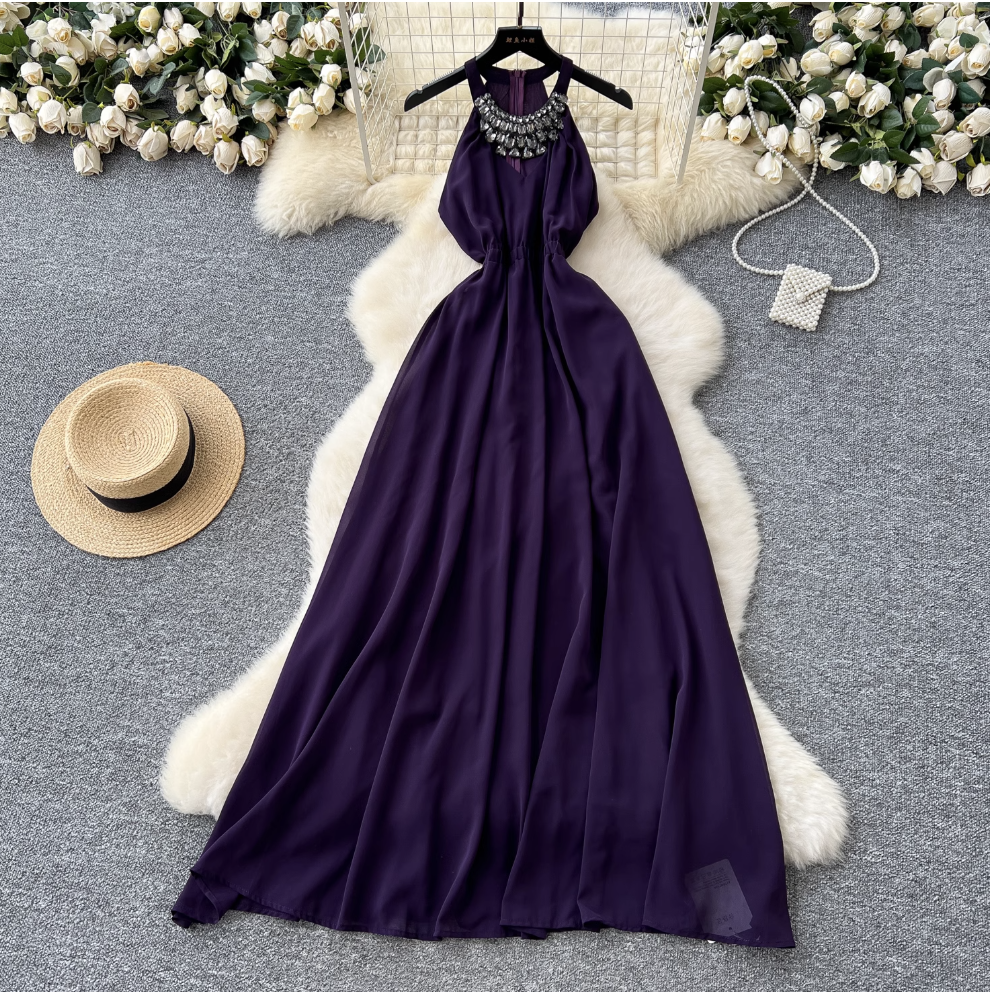 Sleeveless Rhinestone Studded Halter Dress