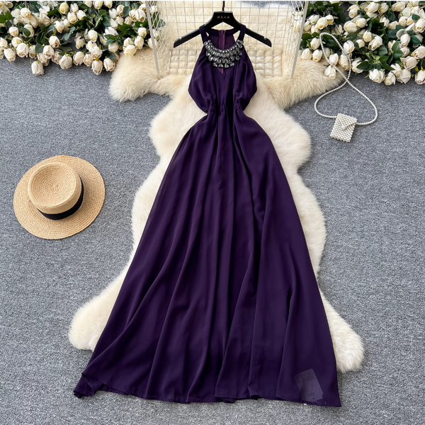 Sleeveless Rhinestone Studded Halter Dress