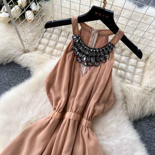 Sleeveless Rhinestone Studded Halter Dress