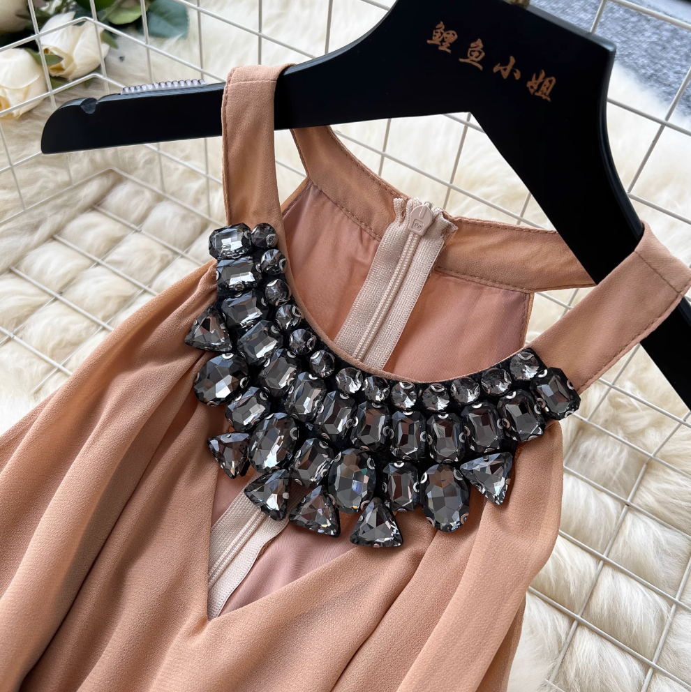 Sleeveless Rhinestone Studded Halter Dress