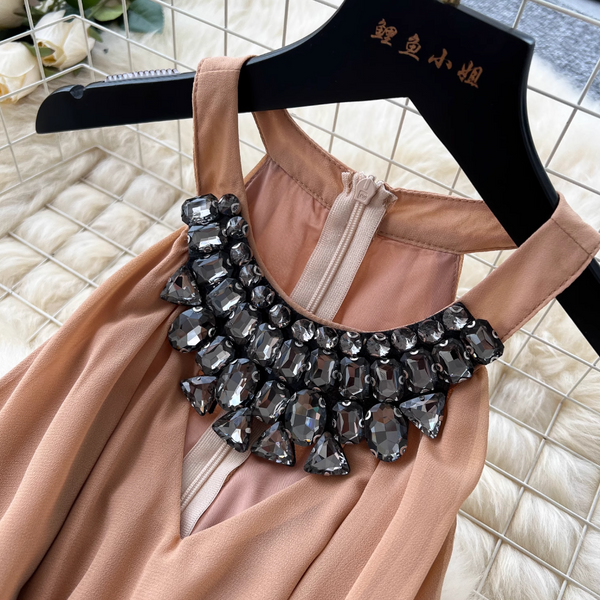 Sleeveless Rhinestone Studded Halter Dress