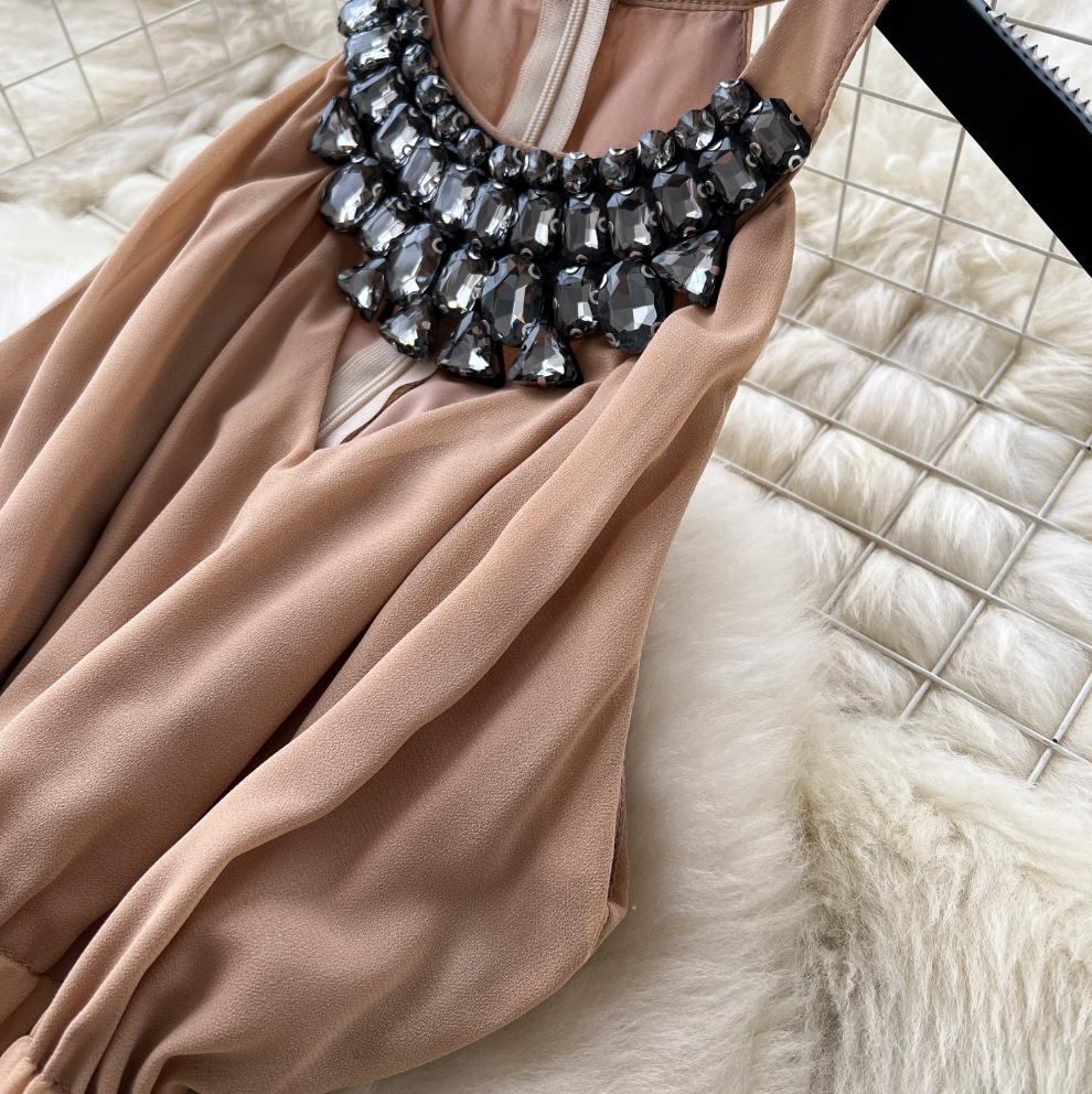 Sleeveless Rhinestone Studded Halter Dress