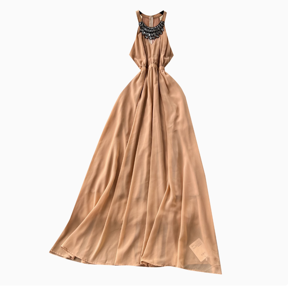 Sleeveless Rhinestone Studded Halter Dress