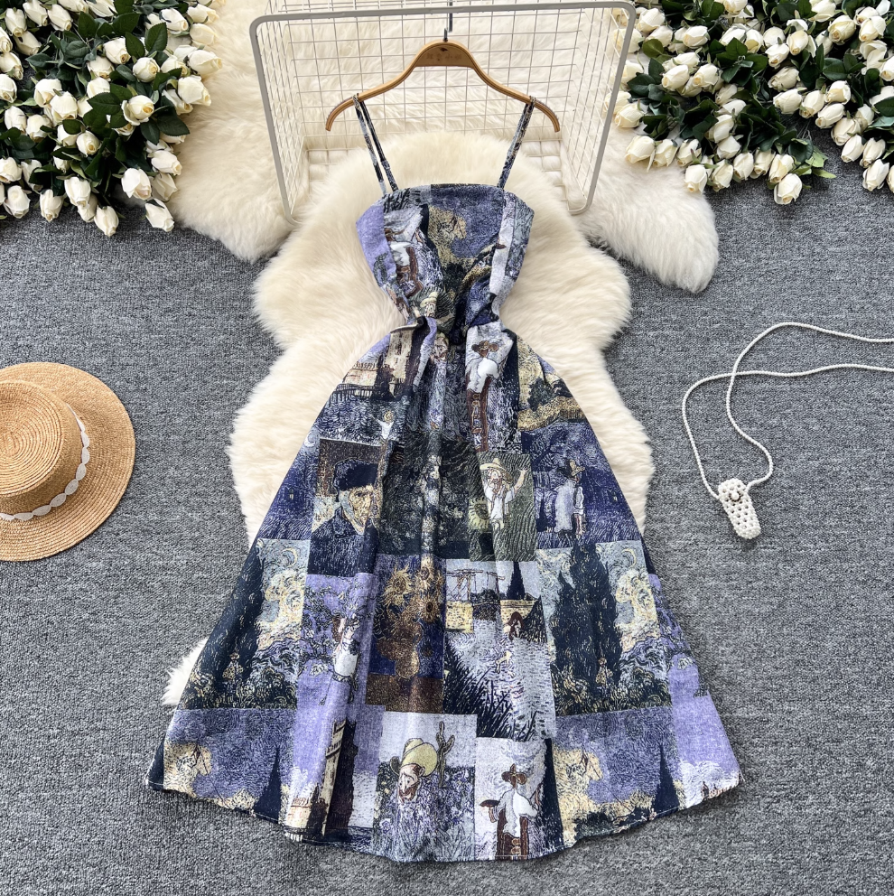 Vintage Elastic Printed Slip Dress