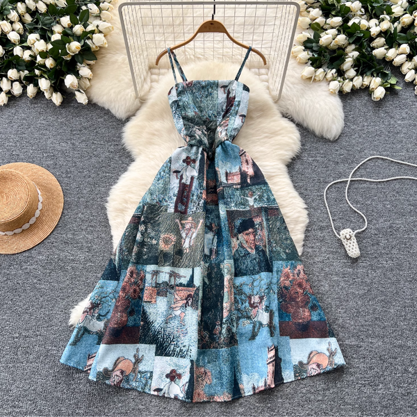 Vintage Elastic Printed Slip Dress