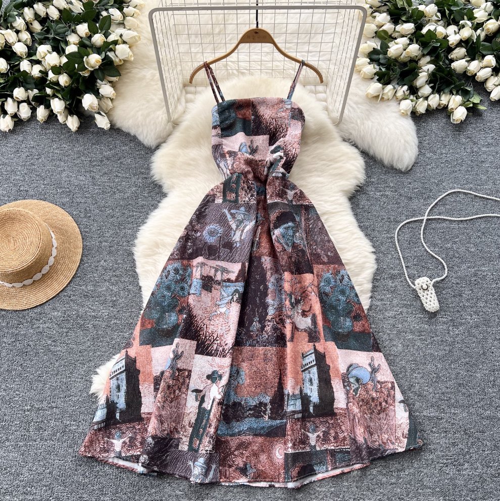 Vintage Elastic Printed Slip Dress