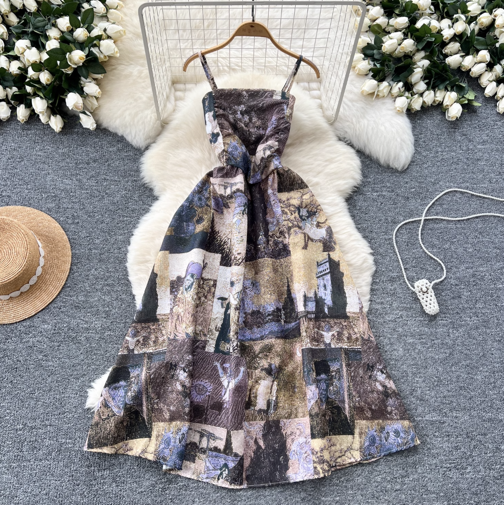 Vintage Elastic Printed Slip Dress