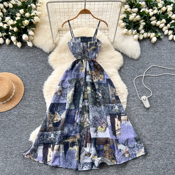 Vintage Elastic Printed Slip Dress