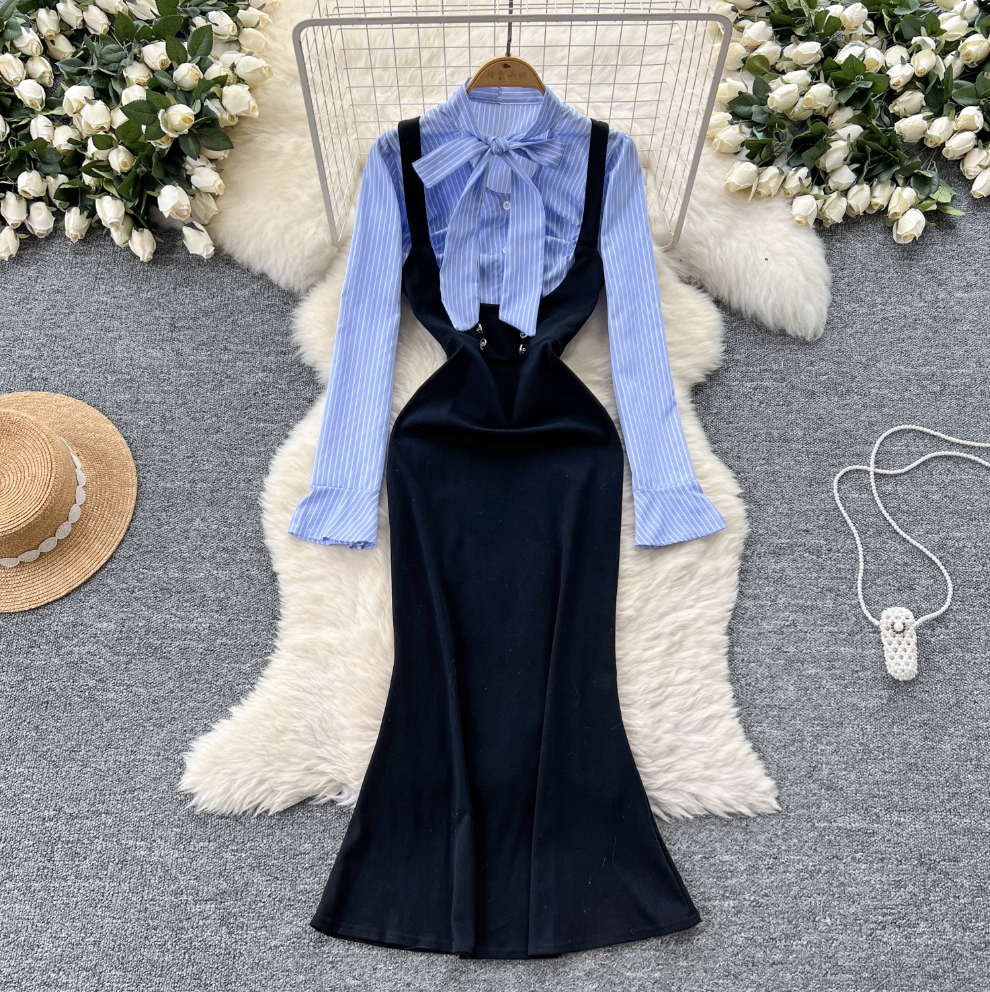 Bow-tie Striped Shirt Hip-wrapping Dress