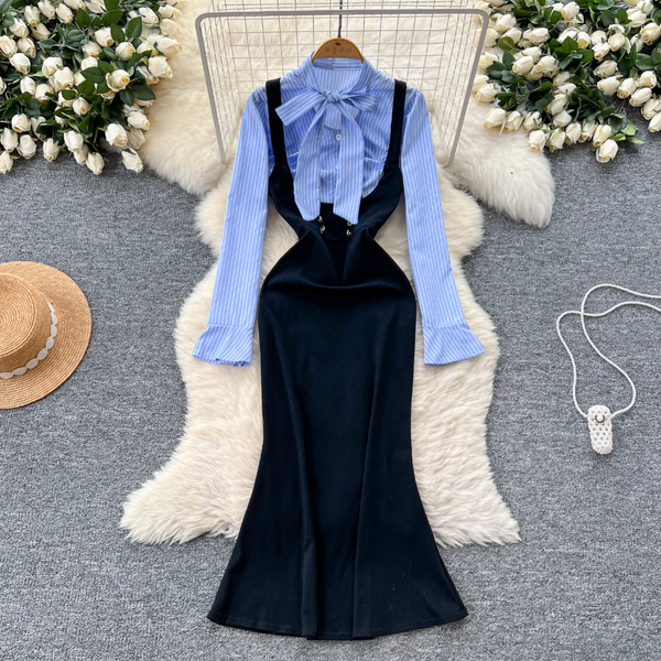 Bow-tie Striped Shirt Hip-wrapping Dress