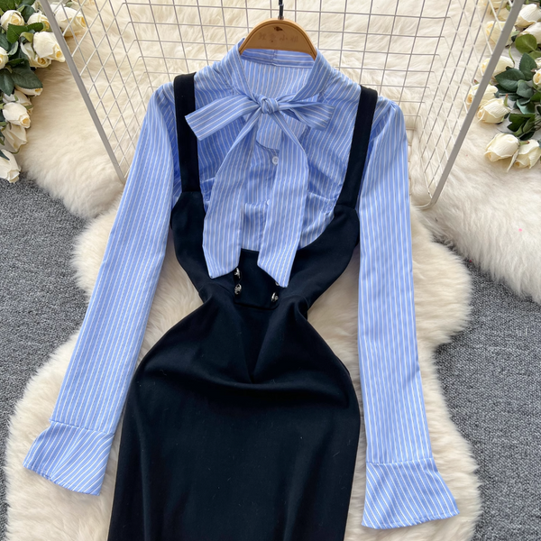 Bow-tie Striped Shirt Hip-wrapping Dress