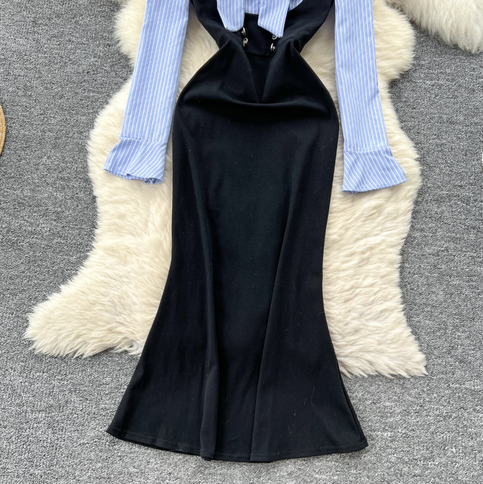 Bow-tie Striped Shirt Hip-wrapping Dress