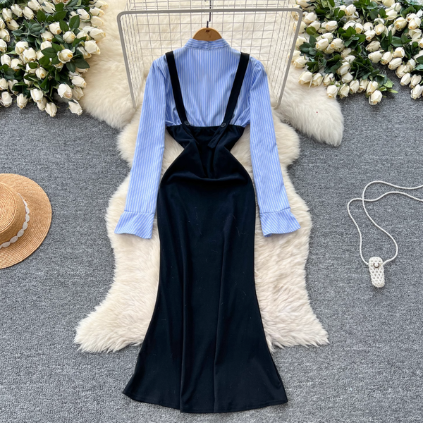 Bow-tie Striped Shirt Hip-wrapping Dress