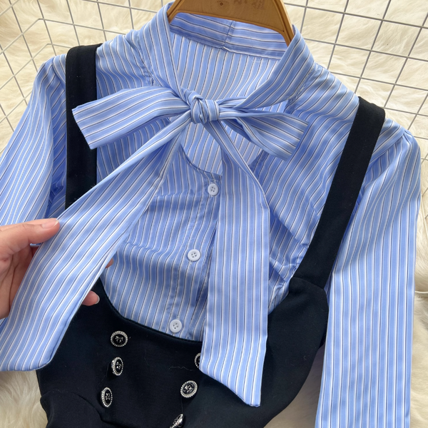 Bow-tie Striped Shirt Hip-wrapping Dress