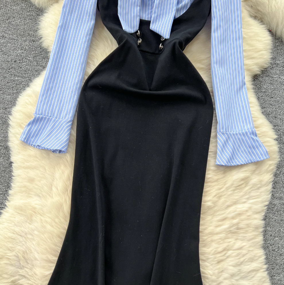 Bow-tie Striped Shirt Hip-wrapping Dress