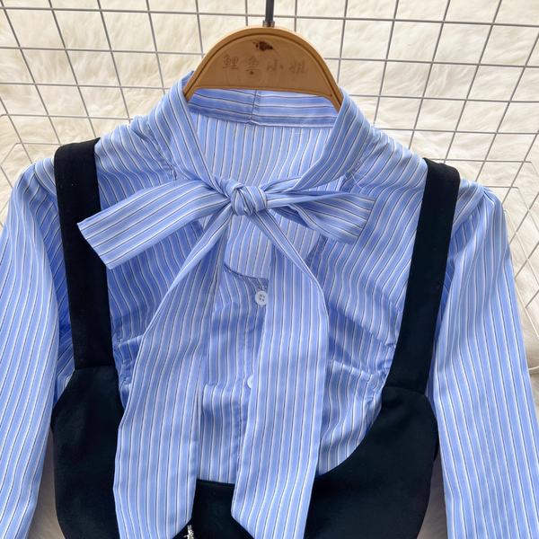 Bow-tie Striped Shirt Hip-wrapping Dress