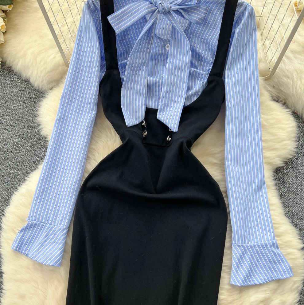 Bow-tie Striped Shirt Hip-wrapping Dress
