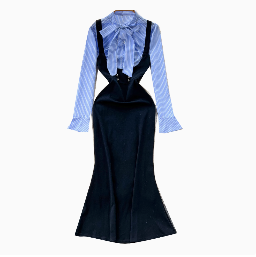 Bow-tie Striped Shirt Hip-wrapping Dress