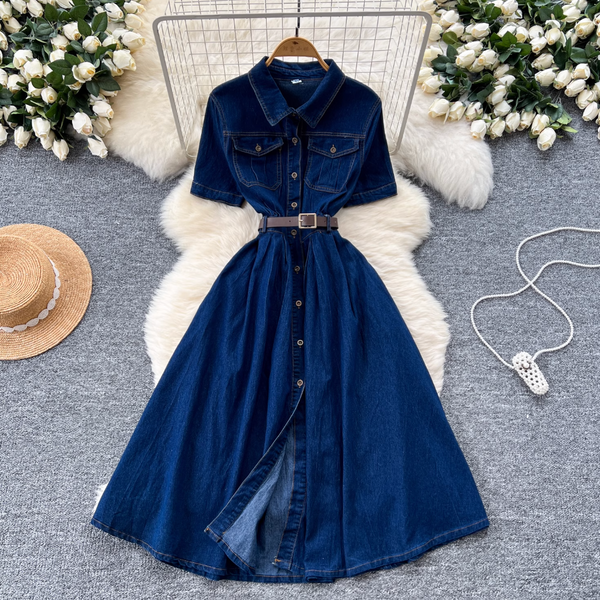 Vintage Lapeled Denim Shirt Dress