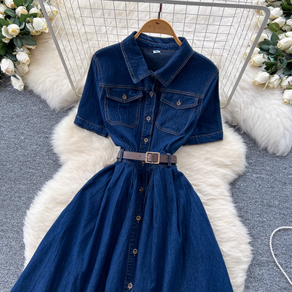 Vintage Lapeled Denim Shirt Dress